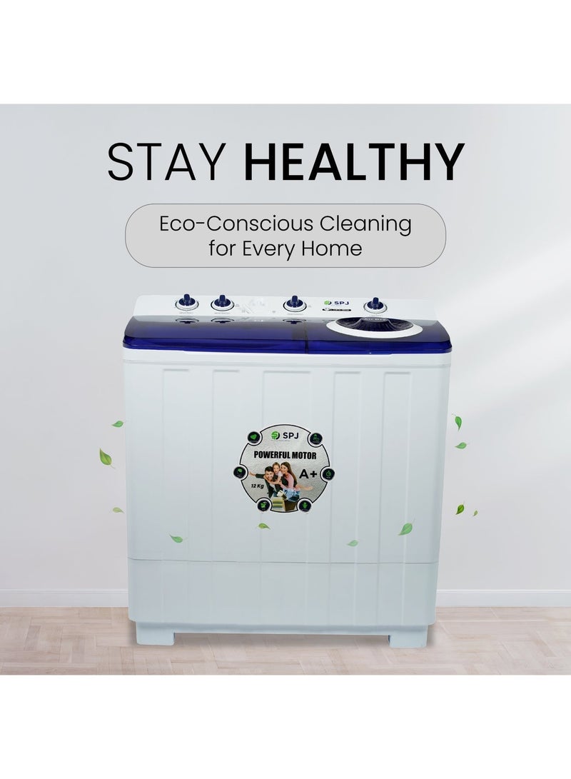 SPJ 12kg Semi Automatic Washing Machine Twin Tub, Top Load, Powerful Wash & Spin Dryer, Transparent Lid, Energy Saving – White - Image 3